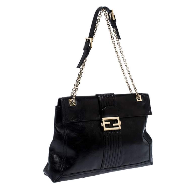 Pre Owned Fendi Black Leather Maxi Baguette Flap Shoulder Bag
