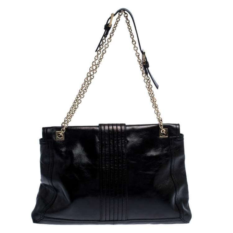 Pre Owned Fendi Black Leather Maxi Baguette Flap Shoulder Bag