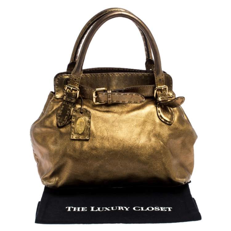 Pre Owned Fendi Gold Leather Selleria Villa Borghese Satchel