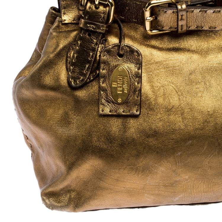 Pre Owned Fendi Gold Leather Selleria Villa Borghese Satchel
