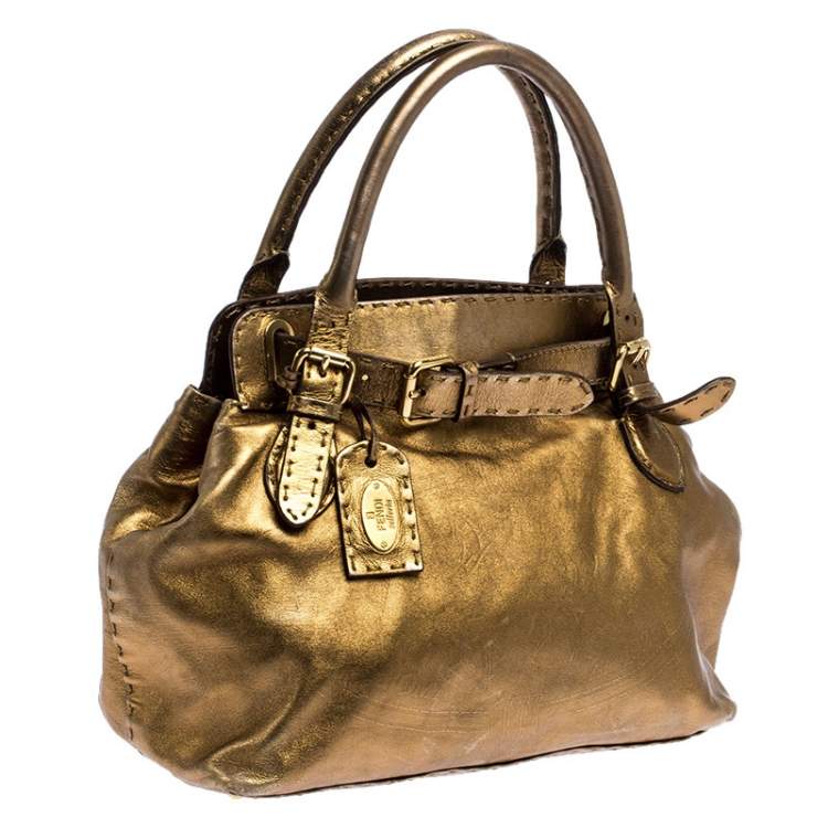 Pre Owned Fendi Gold Leather Selleria Villa Borghese Satchel