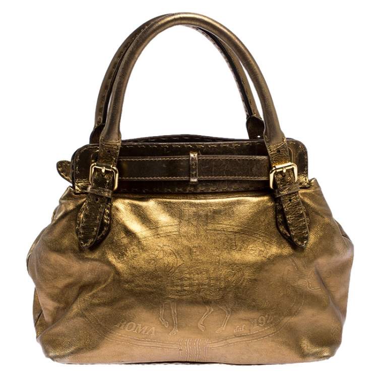 Pre Owned Fendi Gold Leather Selleria Villa Borghese Satchel