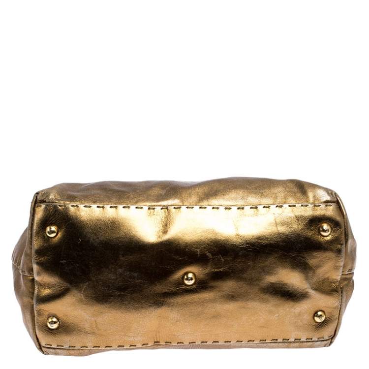 Pre Owned Fendi Gold Leather Selleria Villa Borghese Satchel