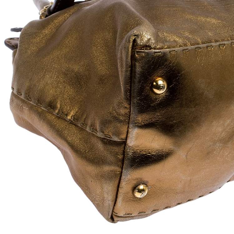 Pre Owned Fendi Gold Leather Selleria Villa Borghese Satchel
