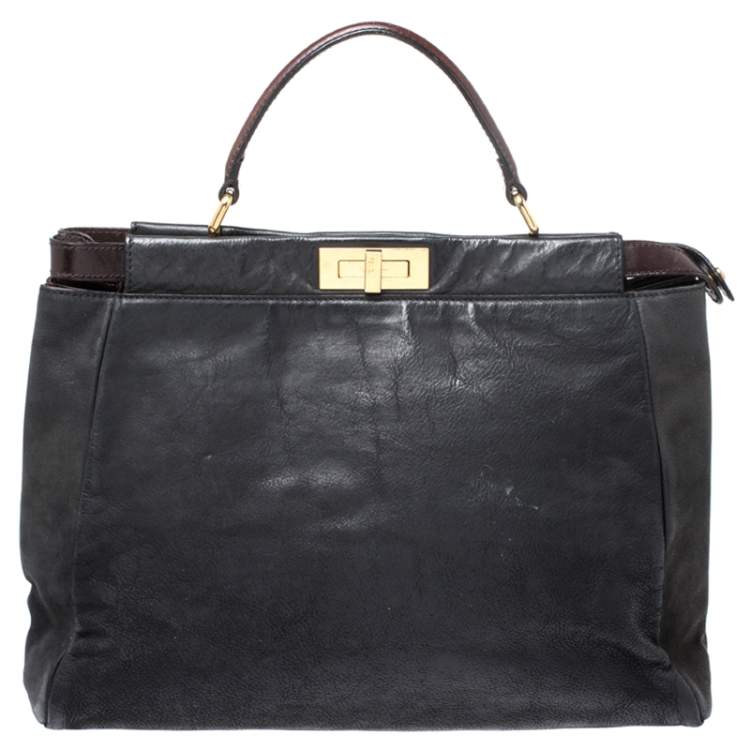 Pre Owned Fendi Black Nubuck Leather Large Peekaboo Top Handle Bag