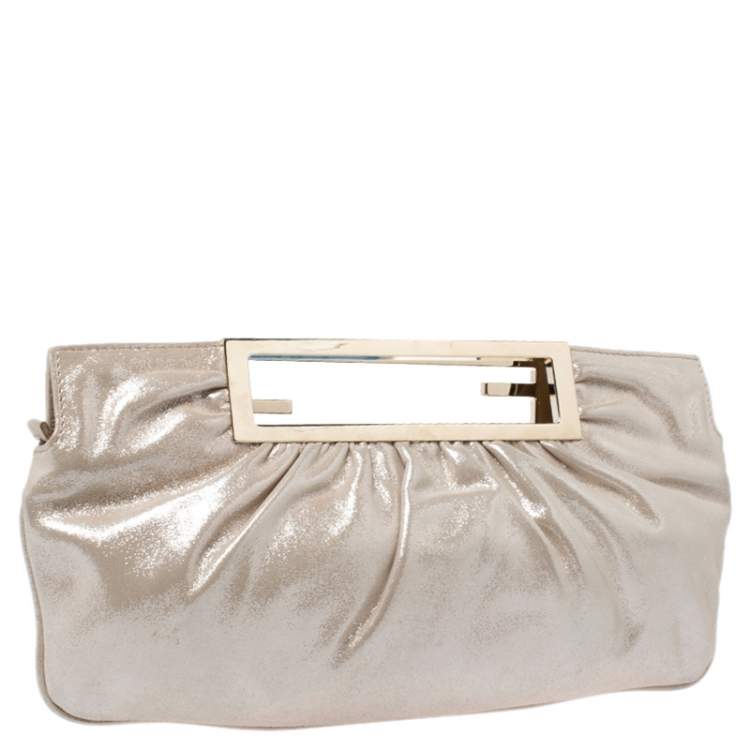 Pre Owned Fendi Metallic Beige Leather Cutout Handle Clutch