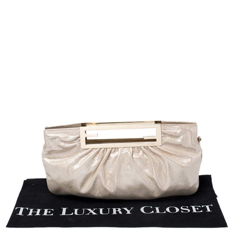 Pre Owned Fendi Metallic Beige Leather Cutout Handle Clutch