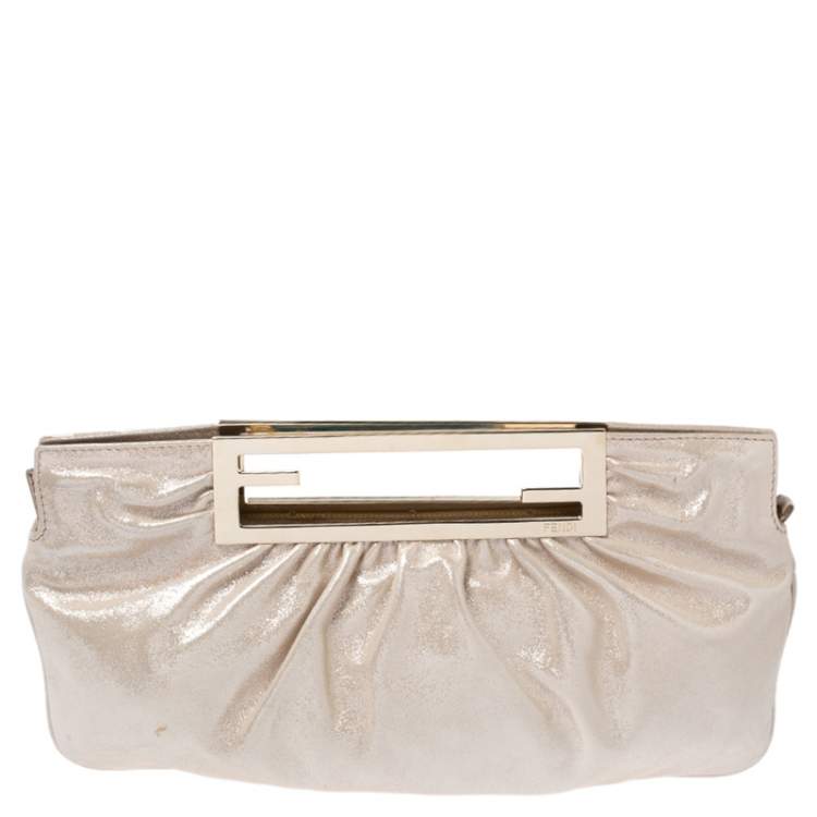 Pre Owned Fendi Metallic Beige Leather Cutout Handle Clutch