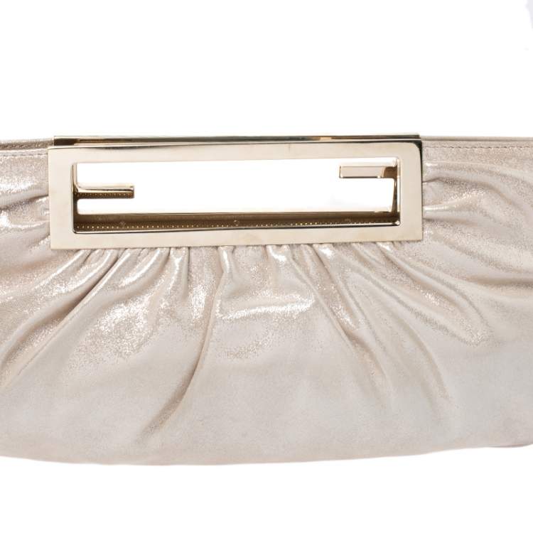 Pre Owned Fendi Metallic Beige Leather Cutout Handle Clutch