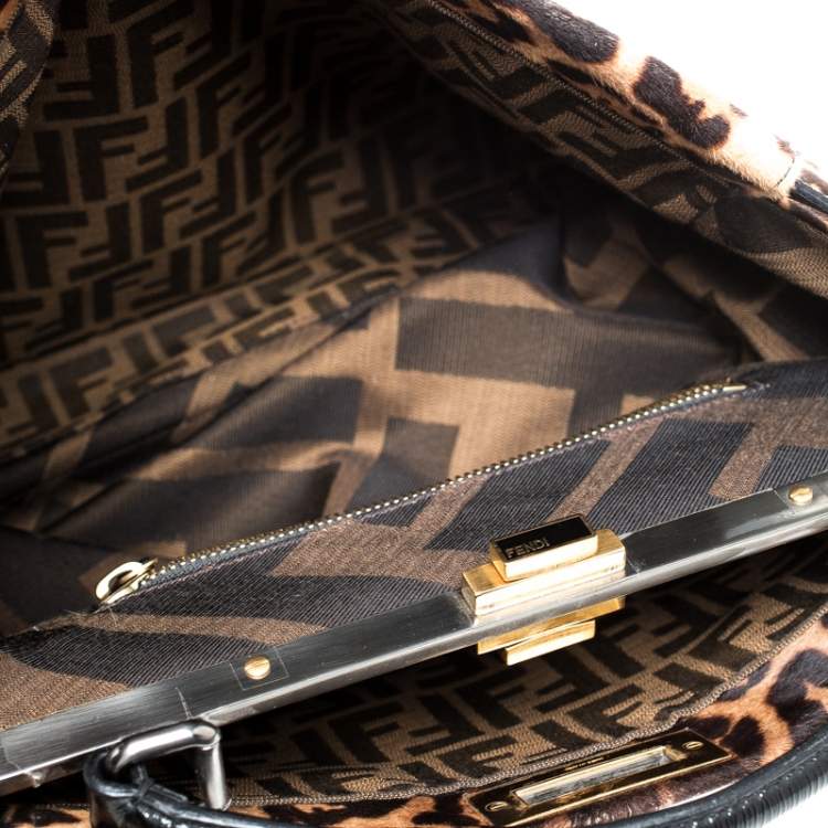 Pre Owned Fendi Brown/Black Calfhair and Patent Leather Large Peekaboo Top Handle Bag