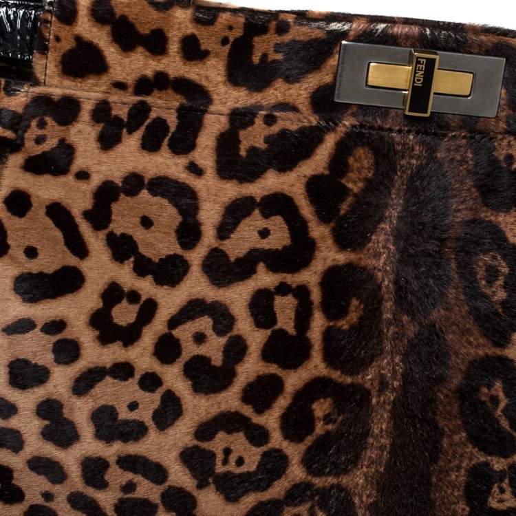 Pre Owned Fendi Brown/Black Calfhair and Patent Leather Large Peekaboo Top Handle Bag