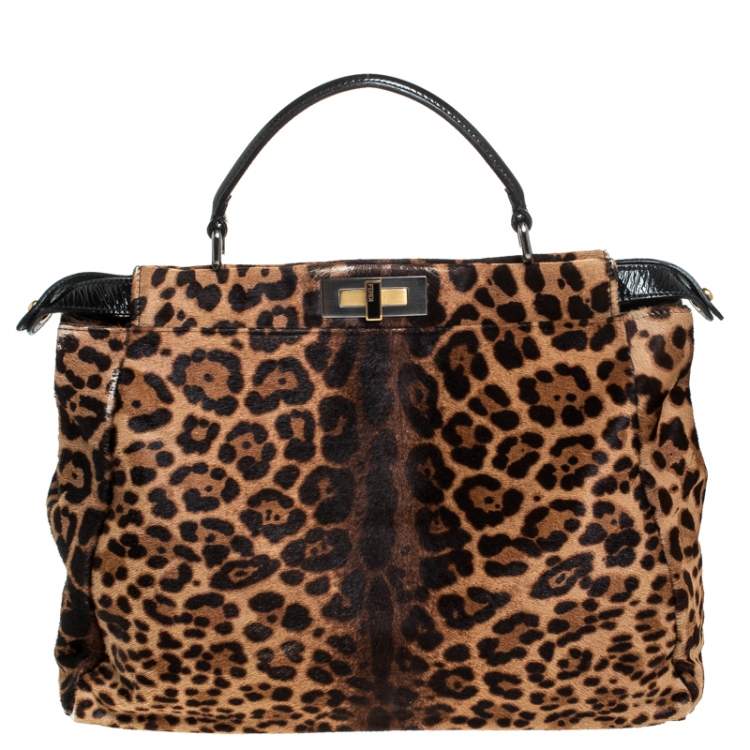 Pre Owned Fendi Brown/Black Calfhair and Patent Leather Large Peekaboo Top Handle Bag