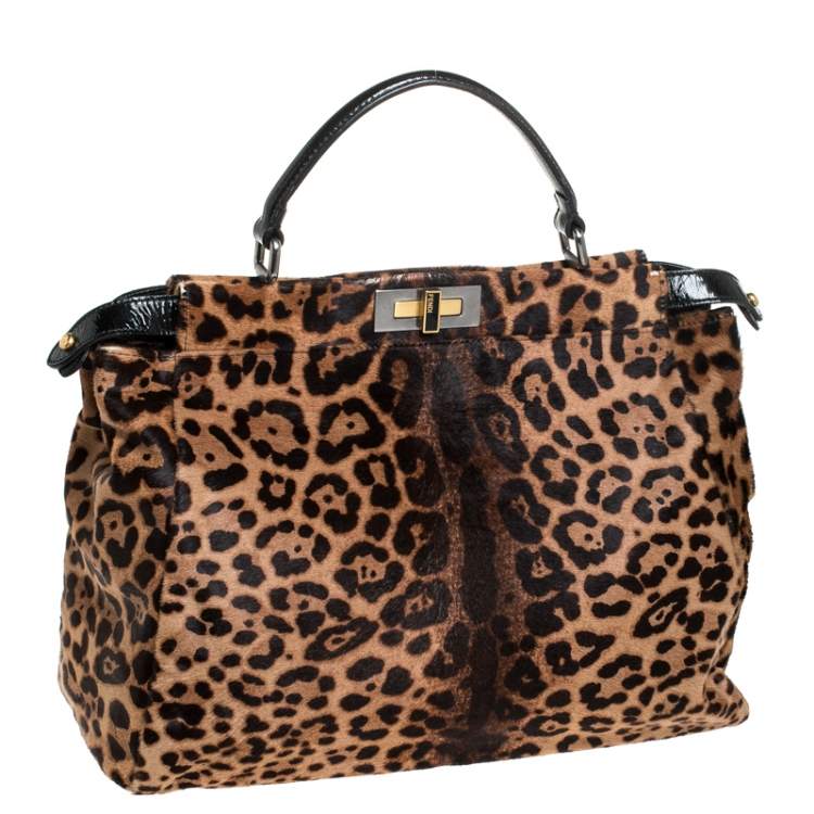 Pre Owned Fendi Brown/Black Calfhair and Patent Leather Large Peekaboo Top Handle Bag