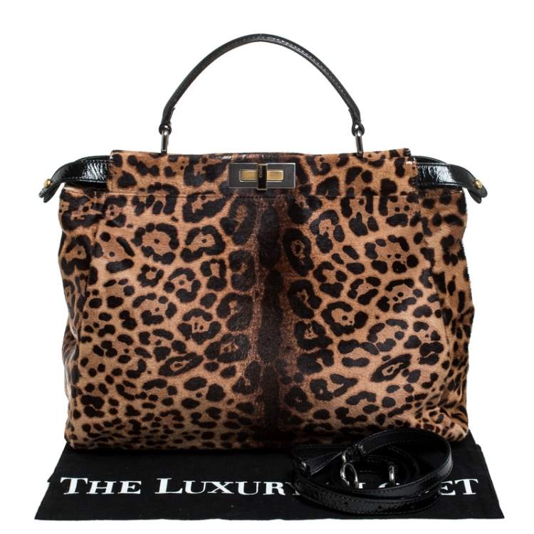 Pre Owned Fendi Brown/Black Calfhair and Patent Leather Large Peekaboo Top Handle Bag
