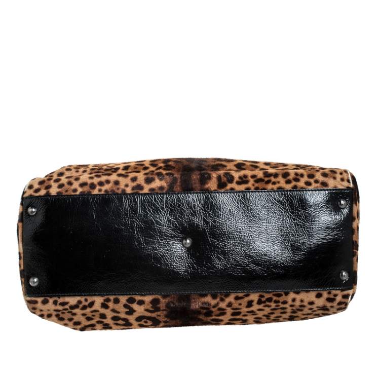 Pre Owned Fendi Brown/Black Calfhair and Patent Leather Large Peekaboo Top Handle Bag