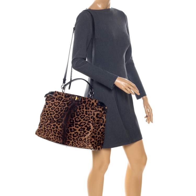 Pre Owned Fendi Brown/Black Calfhair and Patent Leather Large Peekaboo Top Handle Bag
