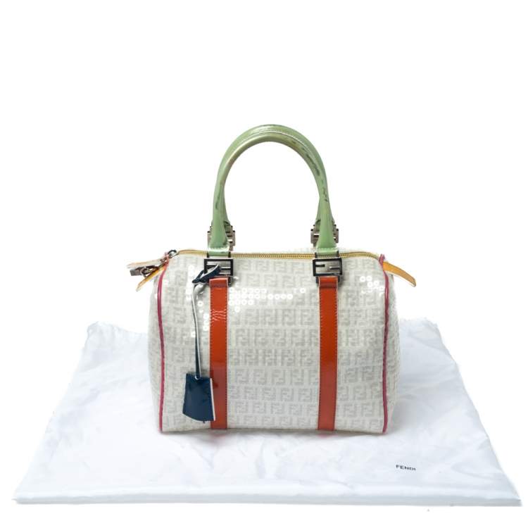 Pre Owned Fendi Multicolor Zucchino Coated Canvas/Sequins and Patent Leather Small Forever Bauletto Boston Bag