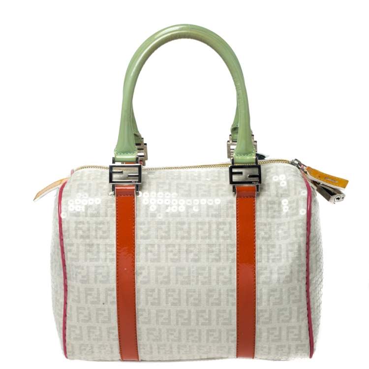 Pre Owned Fendi Multicolor Zucchino Coated Canvas/Sequins and Patent Leather Small Forever Bauletto Boston Bag