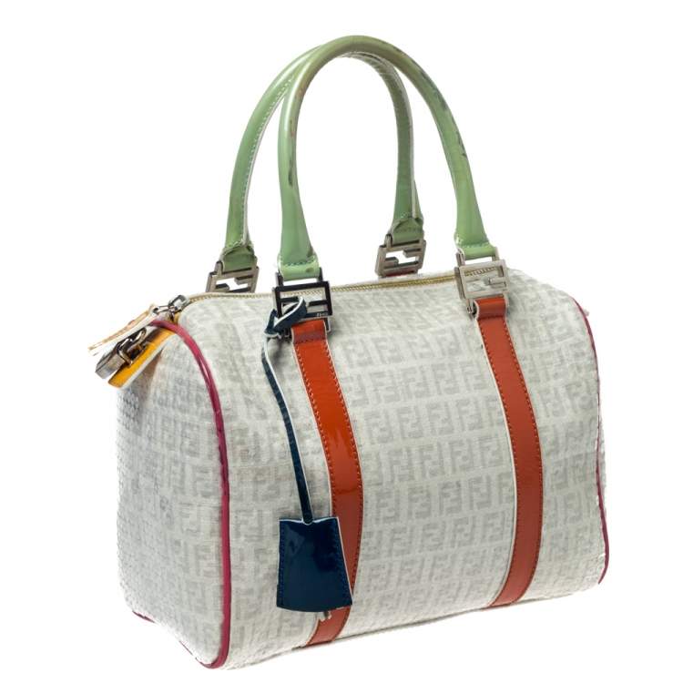 Pre Owned Fendi Multicolor Zucchino Coated Canvas/Sequins and Patent Leather Small Forever Bauletto Boston Bag