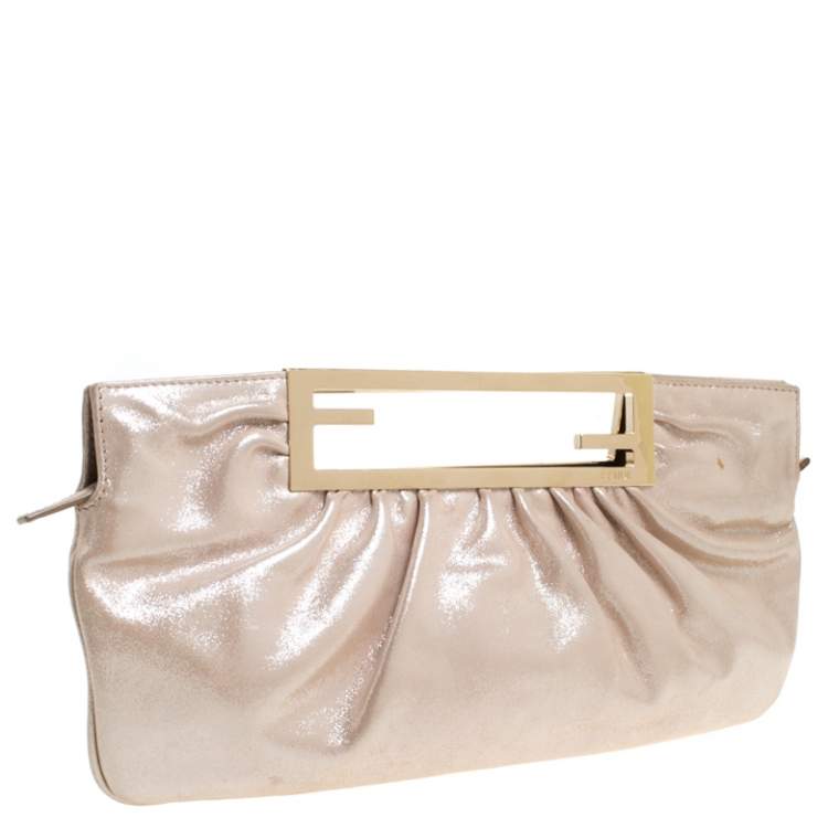 Pre Owned Fendi Metallic Beige Leather Cutout Handle Clutch