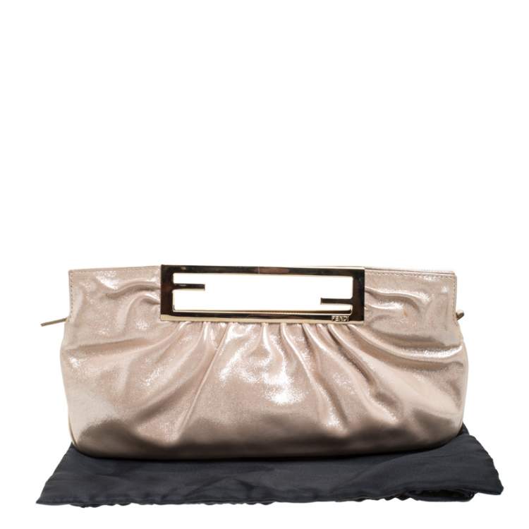 Pre Owned Fendi Metallic Beige Leather Cutout Handle Clutch