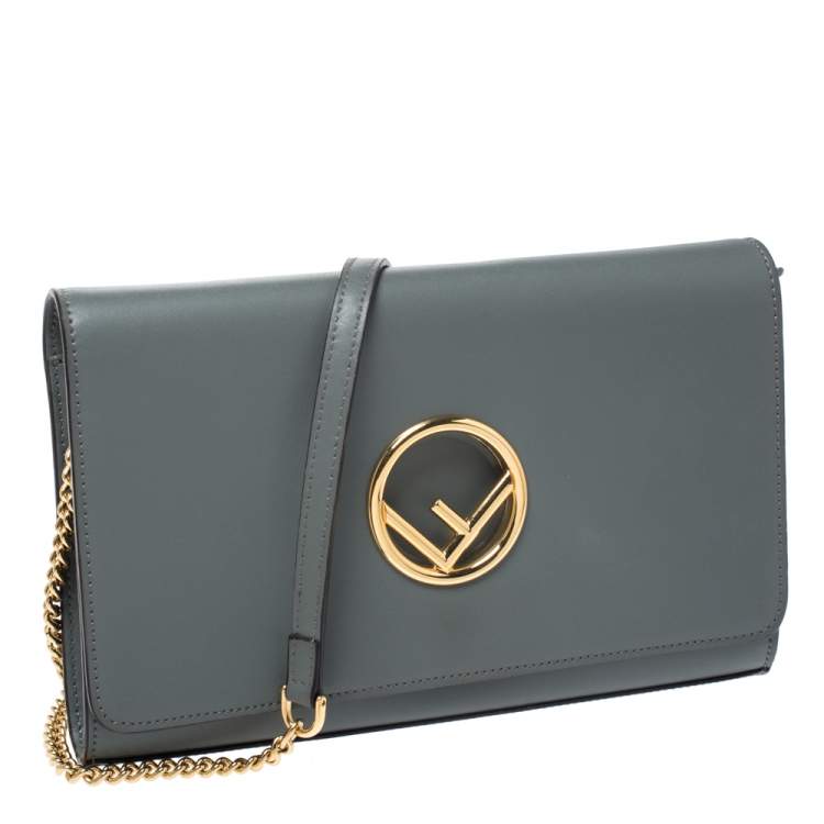 Pre Owned Fendi Grey Leather Chain Clutch