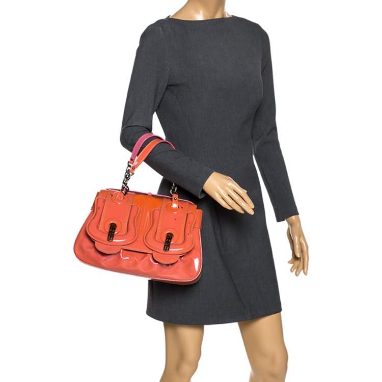 Pre Owned Fendi Orange Patent Leather 'B Bag
