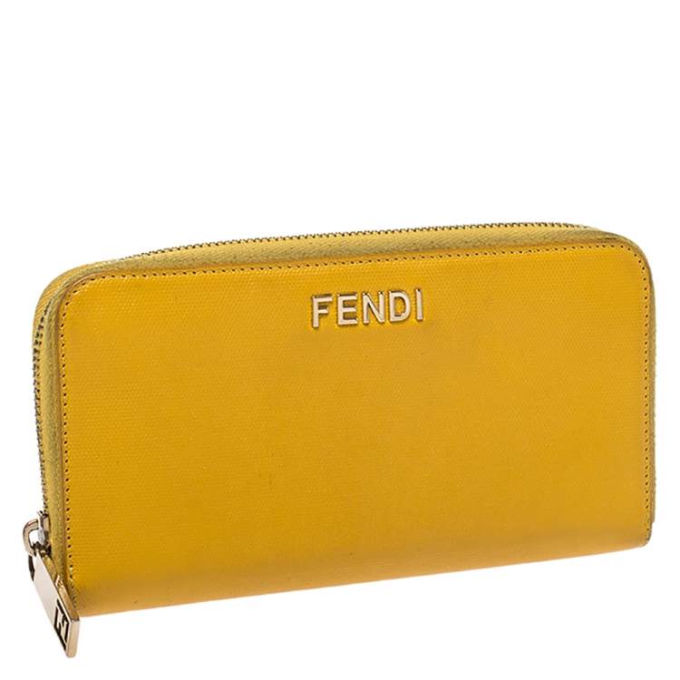 Pre Owned Fendi Yellow Leather Zip Around Wallet