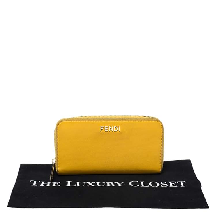 Pre Owned Fendi Yellow Leather Zip Around Wallet