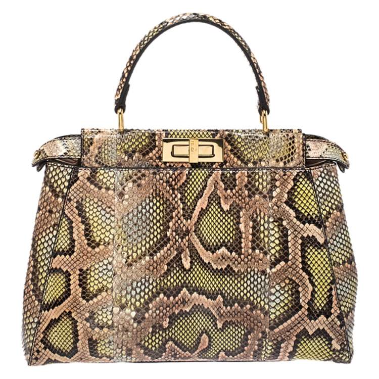 Pre Owned Fendi Tri Color Python Medium Peekaboo Top Handle Bag
