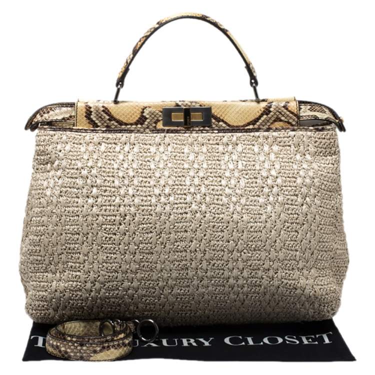 Pre Owned Fendi Beige Raffia and Python Large Peekaboo Top Handle Bag