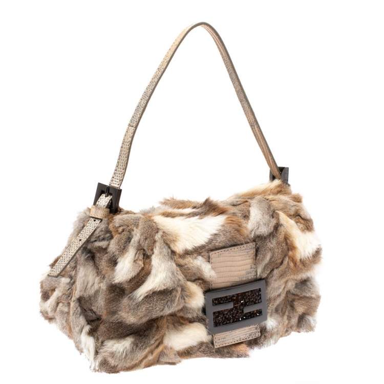 Pre Owned Fendi Beige Rabbit Fur and Lizard Baguette Bag