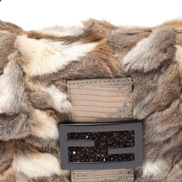 Pre Owned Fendi Beige Rabbit Fur and Lizard Baguette Bag