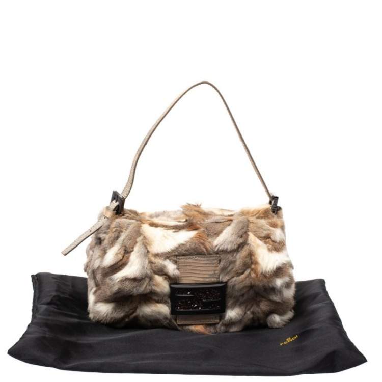 Pre Owned Fendi Beige Rabbit Fur and Lizard Baguette Bag