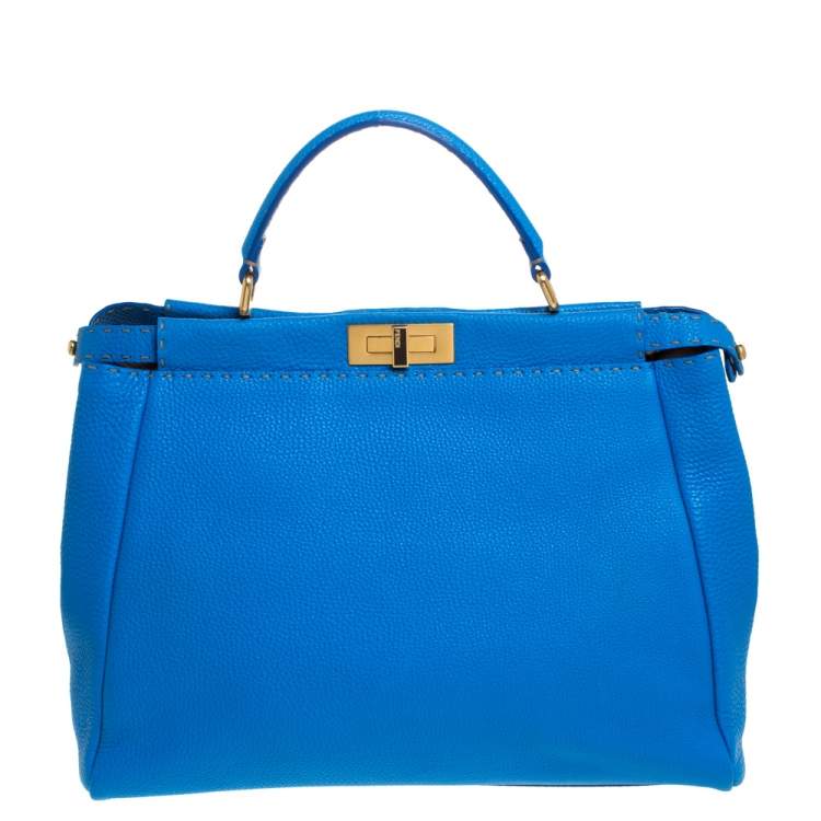 Pre Owned Fendi Blue Selleria Leather Large Peekaboo Top Handle Bag