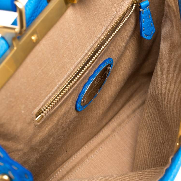 Pre Owned Fendi Blue Selleria Leather Large Peekaboo Top Handle Bag