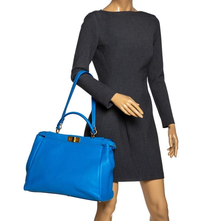 Pre Owned Fendi Blue Selleria Leather Large Peekaboo Top Handle Bag