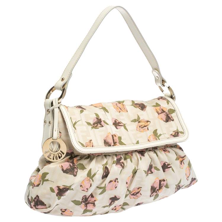 Pre Owned Fendi Beige Floral Print Zucca Canvas and Leather Chef Shoulder Bag