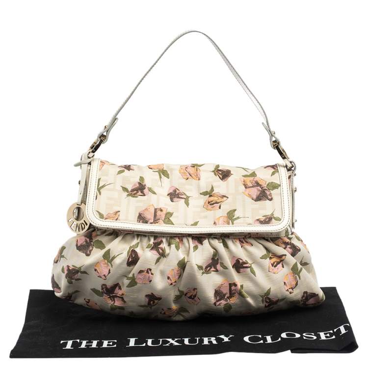 Pre Owned Fendi Beige Floral Print Zucca Canvas and Leather Chef Shoulder Bag