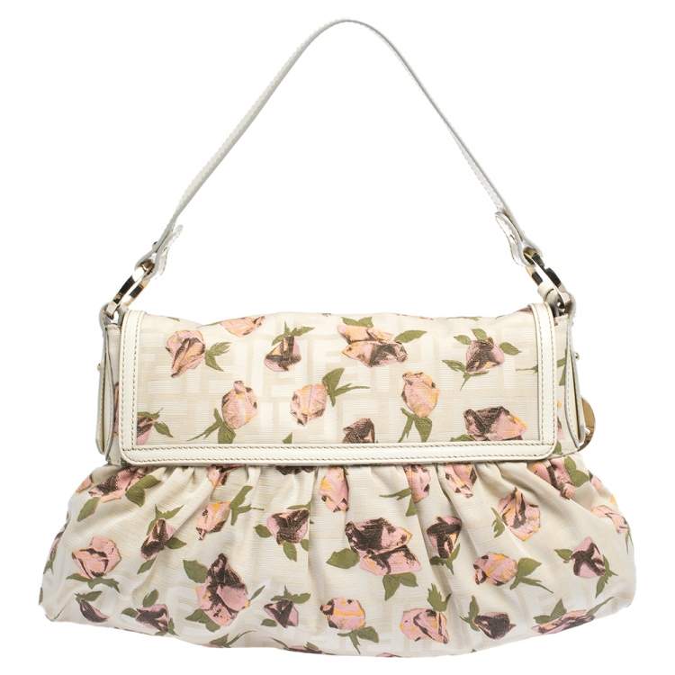 Pre Owned Fendi Beige Floral Print Zucca Canvas and Leather Chef Shoulder Bag