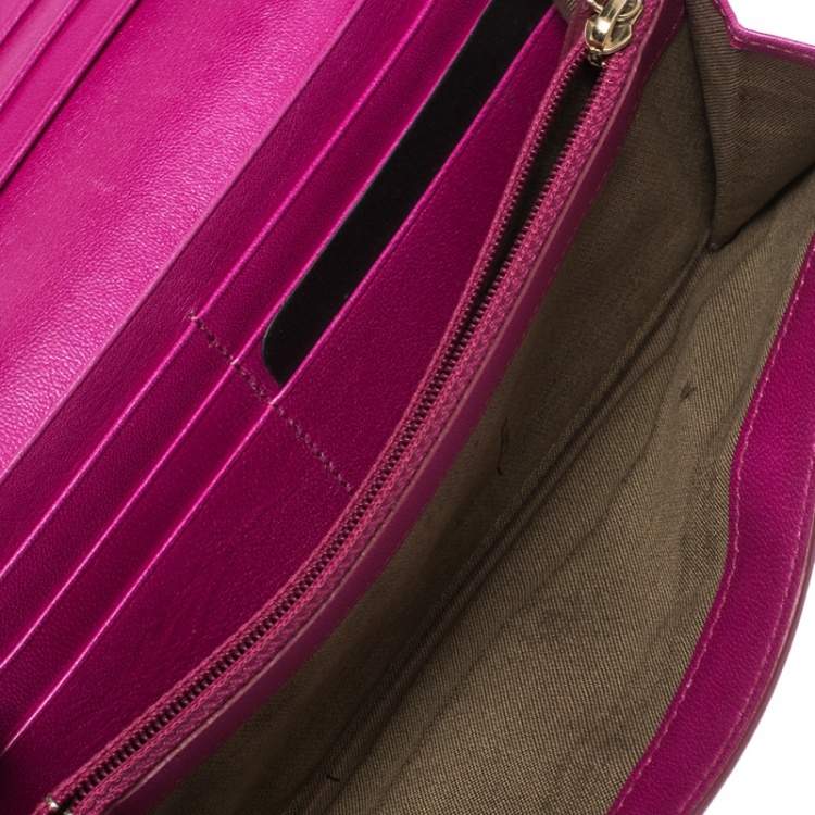 Pre Owned Fendi Magenta Leather Logo Flap Continental Wallet