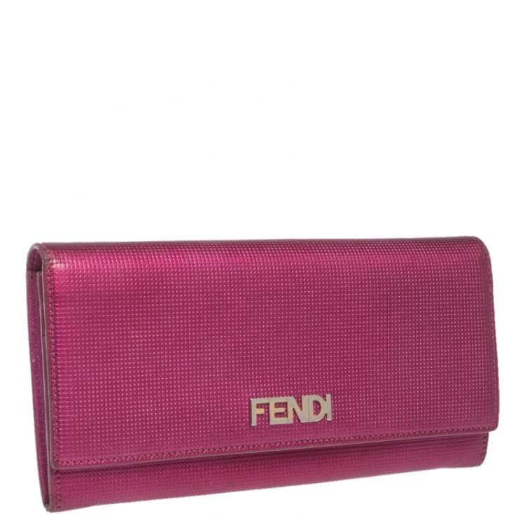 Pre Owned Fendi Magenta Leather Logo Flap Continental Wallet