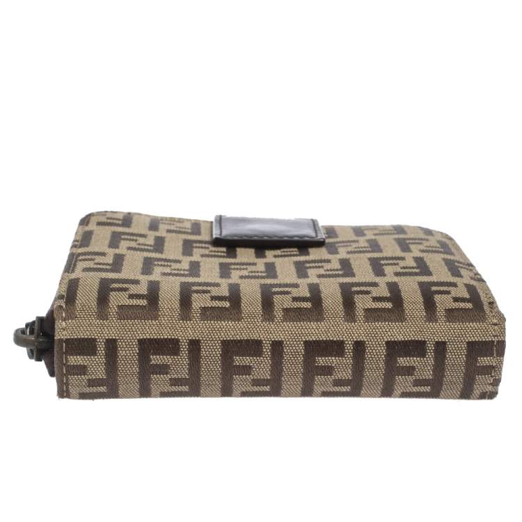 Pre Owned Fendi Beige/Brown Zucchino Canvas and Leather Compact Wallet
