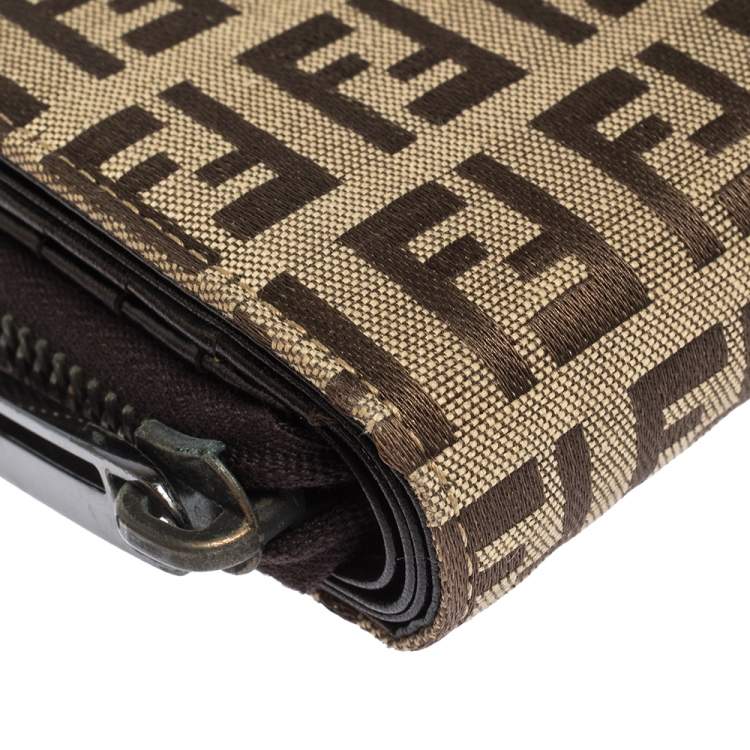 Pre Owned Fendi Beige/Brown Zucchino Canvas and Leather Compact Wallet