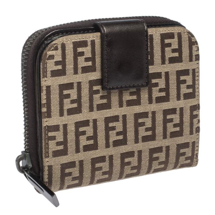 Pre Owned Fendi Beige/Brown Zucchino Canvas and Leather Compact Wallet