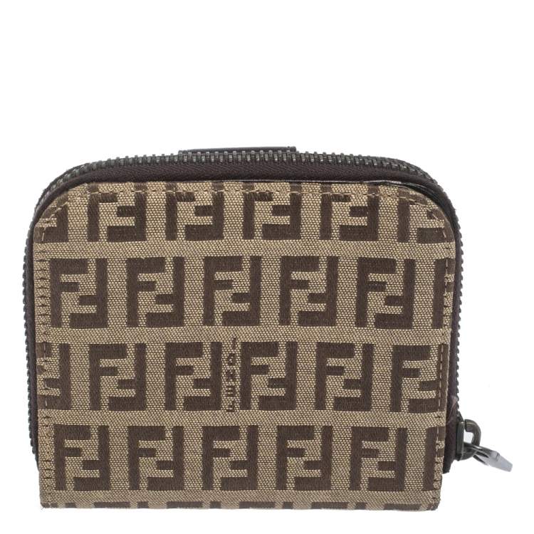 Pre Owned Fendi Beige/Brown Zucchino Canvas and Leather Compact Wallet