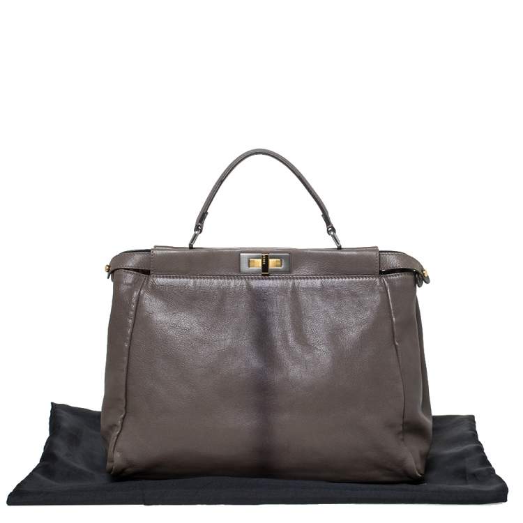 Pre Owned Fendi Grey Leather Large Peekaboo Top Handle Bag