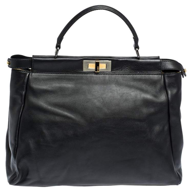 Pre Owned Fendi Black Leather with Watersnake and Suede Lining Large Peekaboo Top Handle Bag