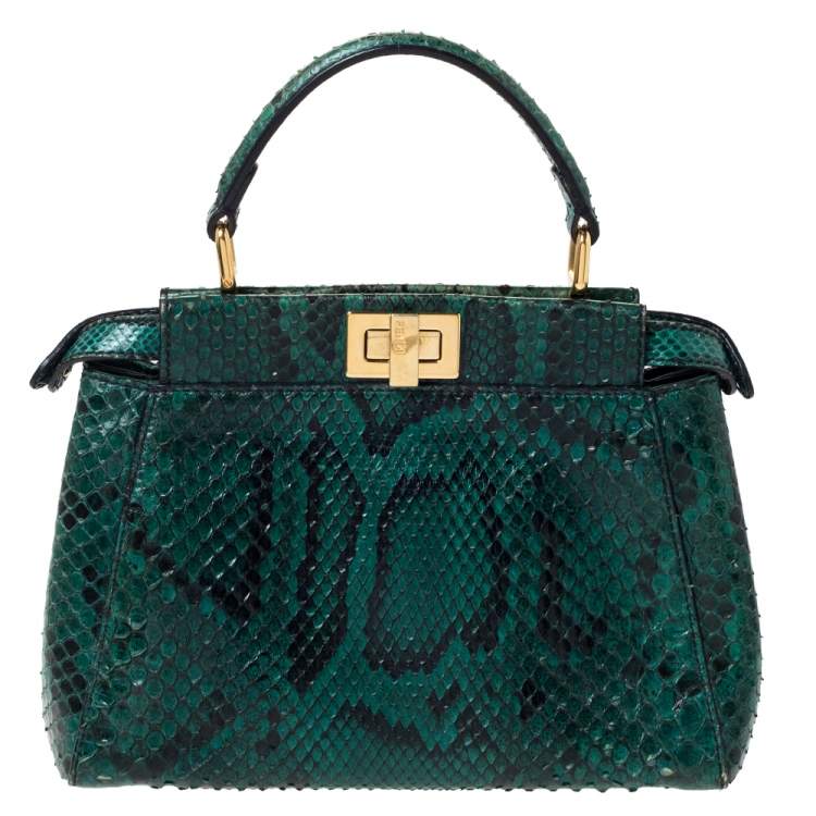 Pre Owned Fendi Green/Black Python Mini Peekaboo Top Handle Bag
