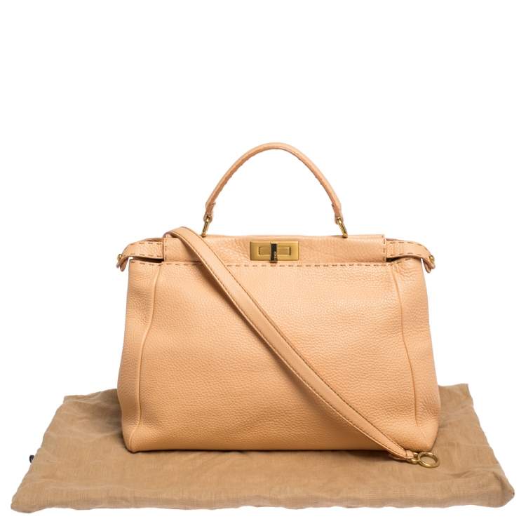 Pre Owned Fendi Peach Selleria Leather Large Peekaboo Top Handle Bag